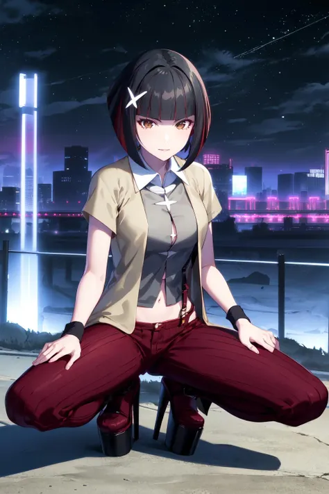 1girl, looking at viewer, solo,
kagenuiyozuru, short hair, bob cut, bangs, multicolored hair, red hair, black hair, streaked hair, brown eyes, star hair ornament, navel,
shirt, red pants, wristband, jacket, short sleeves, suspenders, heels, black footwear, platform footwear, 
city, squatting, night, evening, fence,
<lora:kagenui-yozuru:1>