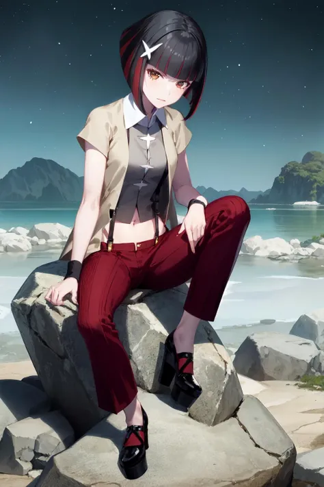 1girl, looking at viewer, solo,
kagenuiyozuru, short hair, bob cut, bangs, multicolored hair, red hair, black hair, streaked hair, brown eyes, star hair ornament, navel,
shirt, red pants, wristband, jacket, short sleeves, suspenders,
sitting on a rock, heels, black footwear, platform footwear,
<lora:kagenui-yozuru:1>