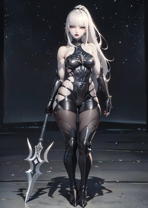 omega_tpa, 1girl, earrings, black armor, lipstick, high heels, pale skin, ponytail, long hair, starry sky, constelation, elbow gloves, arena, runes, polearm, full body, holding polearm, highly detailed, absurdres, masterpiece, <lora:Omega-F Kangaxx:0.8>