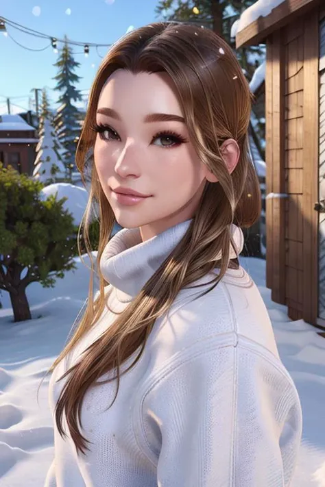 close up, snow, sweater, female focus, outdoors, solo, unreal engine 5, (shiny skin), <lora:brookeMonkTikTokStar_10:0.7>