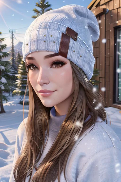 close up, snow, sweater, beanie, female focus, outdoors, solo, unreal engine 5, (shiny skin), photorealistic, <lora:brookeMonkTikTokStar_10:0.7>