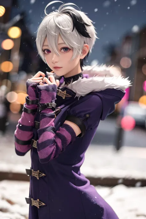 pink theme, purple theme, absurdres, best quality, flower \(v4\), short hair, dark purple winter coat, snowing ,  <lyco:GoodHands-beta2:1.0> <lora:vocaloid_flower-10:1>, elbow gloves, fingerless gloves,  short sleeves, fur-trimmed_hood, arm warmers,