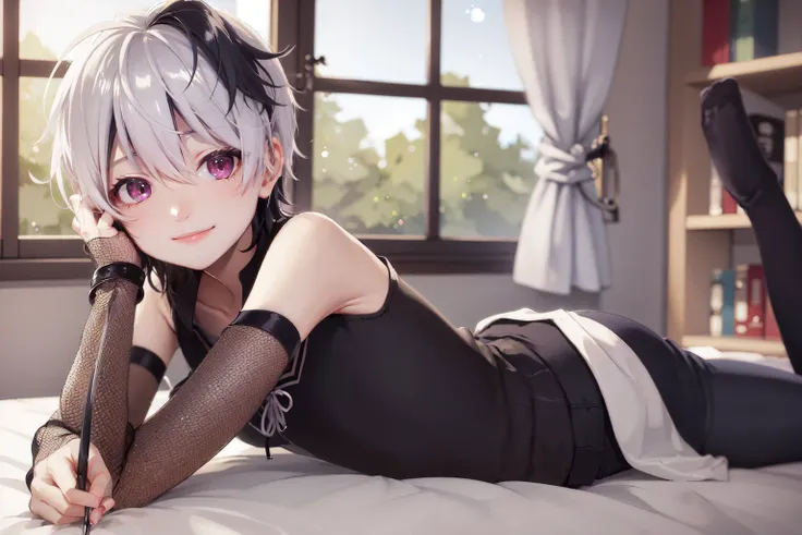 (masterpiece, best quality:1.2), <lora:vocaloid_flower-10:1.0>, solo, 1girl, flower \(v4\), smile, looking at viewer, lying, on stomach, short hair, sleeveless shirt, black pants, bandages, bedroom, bookshelf, window, sparkles, light shaft
