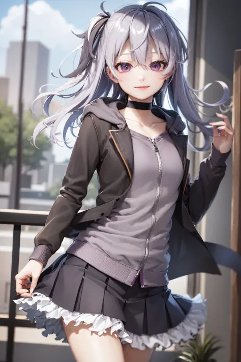 (masterpiece, best quality:1.2), <lora:vocaloid_flower-10:1>, cowboy shot, solo, 1girl, flower \(v3\), smile, looking at viewer, long hair, hoodie, pleated skirt, choker