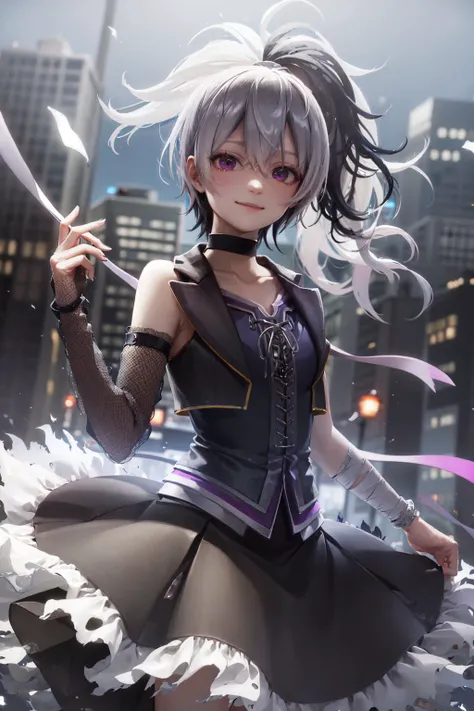 (masterpiece, best quality:1.2), <lora:vocaloid_flower-10:1>, cowboy shot, solo, 1girl, flower \(v3\), smile, closed mouth, looking at viewer, long hair, sleeveless shirt, skirt, choker, bandages