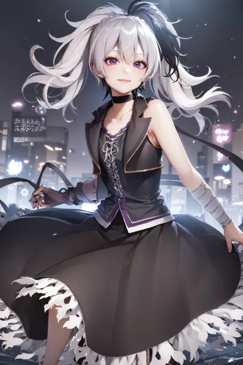(masterpiece, best quality:1.2), <lora:vocaloid_flower-10:1>, cowboy shot, solo, 1girl, flower \(v3\), smile, closed mouth, looking at viewer, long hair, sleeveless shirt, skirt, choker, bandages