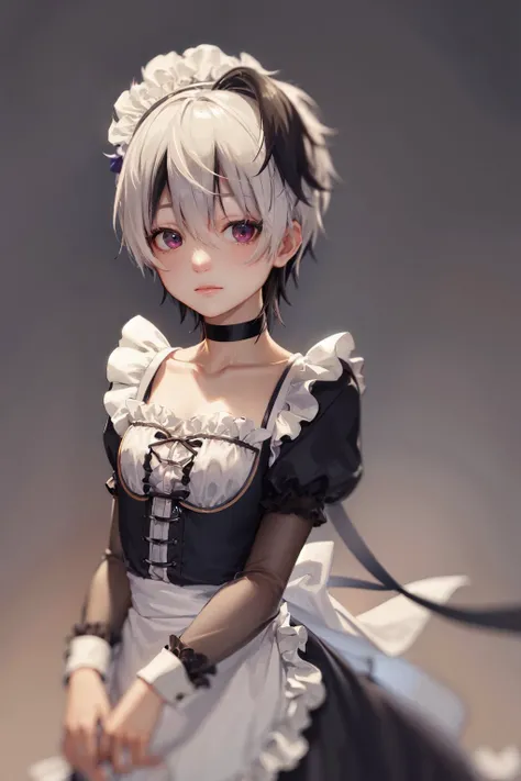 (masterpiece, best quality:1.2), <lora:vocaloid_flower-10:1>, cowboy shot, solo, 1girl, flower \(v4\), expressionless, looking at viewer, short hair, maid headdress, maid uniform, puffy long sleeves, choker