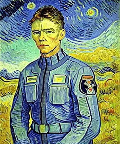 portrait of stringfellowhawke wearing a flight suit, military base in the background, (painting by vincent van gogh:1.1) <lora:hjstringfellowhawke_v10-000008:0.9>
