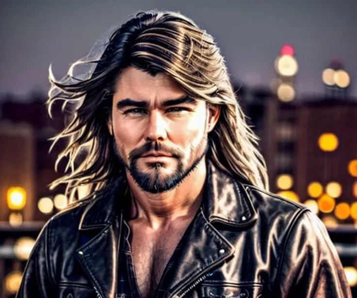 stringfellowhawke with long gray hair and lumberjack beard, wearing leather motorcycle jacket, night city street in the background, intricate detail, super sharp, high quality, nice bokeh, professional photography, <lora:hjstringfellowhawke_v10-000008:0.9>
