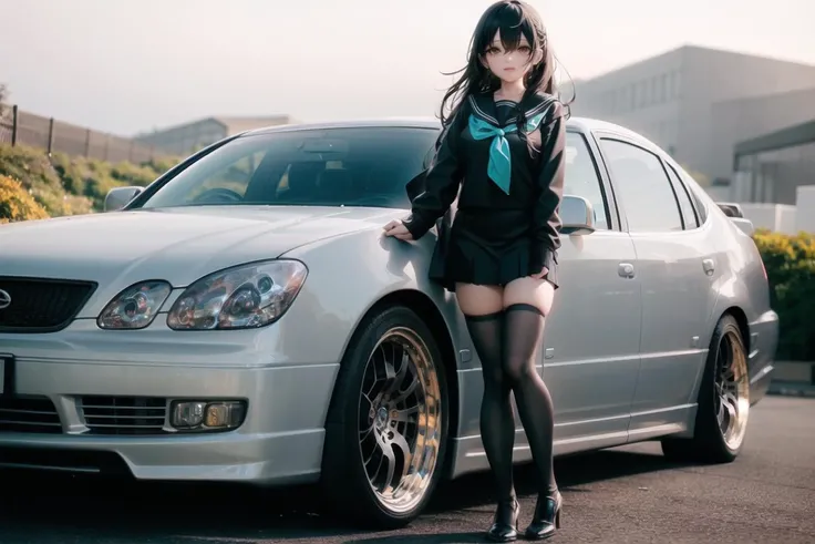 ((masterpiece, best quality)),extremely_detailed_wallpaper, illustration,1girl,(girl:1),standing, solo, (fullbody),(((girl stand in front of car))), ((white car)),sidelocks, aqua eyes, bangs, hair between eyes, looking at viewer, long sleeves,bright,beautiful detailed sky,light,stream,((seaside)),((aqua water)),outdoors, black sailor collar, black serafuku, long hair, black hair, black thighhighs, Pleated skirt, <lora:AristoV300-000008:0.9>
