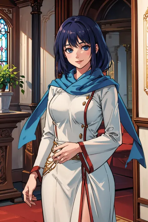 masterpiece, best quality, <lora:ElenaFE:0.7> ElenaFE, dress, robe, scarf, indoors, cathedral, looking at viewer, smile