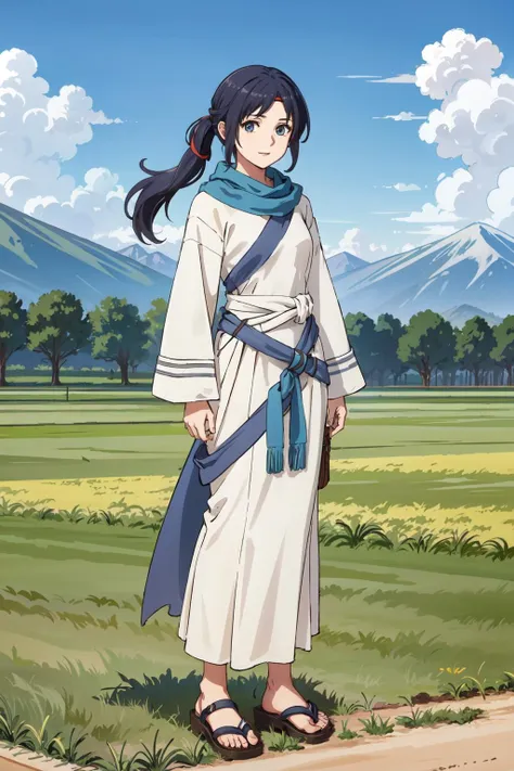 1girl,elenafe,ponytail,side ponytail,standing,own hands clasped,dress,scarf,circlet,headband,sandals,looking at viewer,straight on,full body,outdoors,in farmers field,happy, <lora:ElenaFE:0.7>, <lora:LORA-XenoDetailer-v2:0.1>