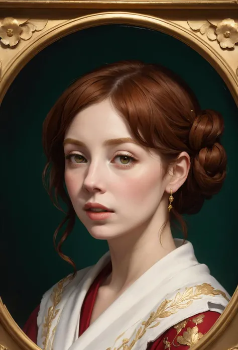 oil painting of alice-levine,short ginger hair with a braided bun,greek goddess,white robes,divine, gold hue,detailed heavenly background BREAK masterpiece,absurdres,photorealistic Renaissance painting,intricate details,beautiful artwork