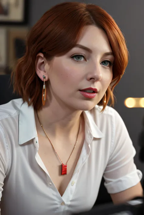 best quality raw photo of (Al1c3Lev1ne01:0.99), a woman as a presenter in radio show, modelshoot style, (extremely detailed CG unity 8k wallpaper), photo of the most beautiful artwork in the world, professional majestic oil painting by Ed Blinkey, Atey Ghailan, Studio Ghibli, by Jeremy Mann, Greg Manchess, Antonio Moro, trending on ArtStation, trending on CGSociety, Intricate, High Detail, Sharp focus, dramatic, photorealistic painting art by midjourney and greg rutkowski, (shirt and pants:1.1), ((radio studio)), ((recording a radio show)), ((bbc radio)), (looking at the camera:1.2), (detailed pupils:1.3), (earrings:1.2), (closeup:1.2), foreground objects , background details, (necklace), (red lips)