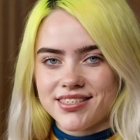 a portrait of billie elish smiling, showing teeth,,braces,luisap , <lora:lora5:1>