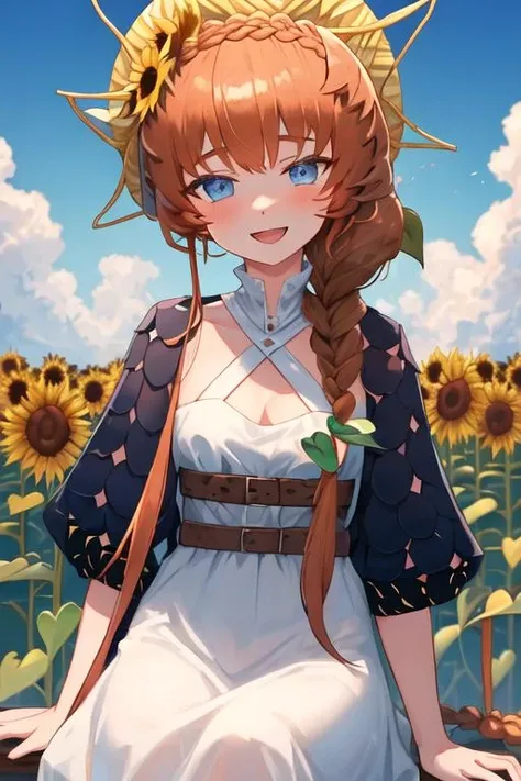 best quality, masterpiece, highres, solo, {van_gogh_fgo:1.15}, braid, long_hair, blue_eyes, bangs, side_braid, hat, orange_hair, crown_braid, smile, brown_hair, flower, sunflower, open_mouth, 1girl, blue_skin, colored_skin, looking_at_viewer, bare_shoulders, dress, long_sleeves, see-through_sleeves