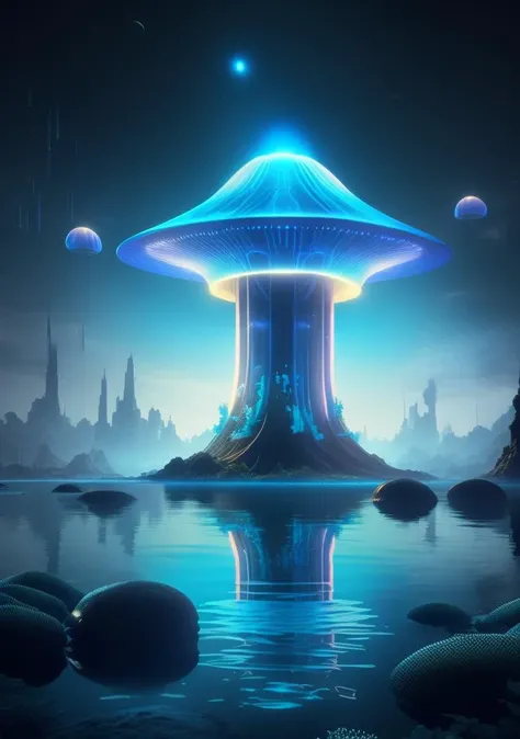 fking_scifi, a realistic detail of a virtual glowing bioluminescent mushroom mega cities inside a floating jellyfish in the dark sea, metropolis in the dark at night is like a spiritual journey through a mushroom forest, cosmic, heavenly, god rays, ornate detail, cinematic, Professional, masterpiece, commissioned, best quality, <lyco:fkCiv_L1:0.40:0.20>