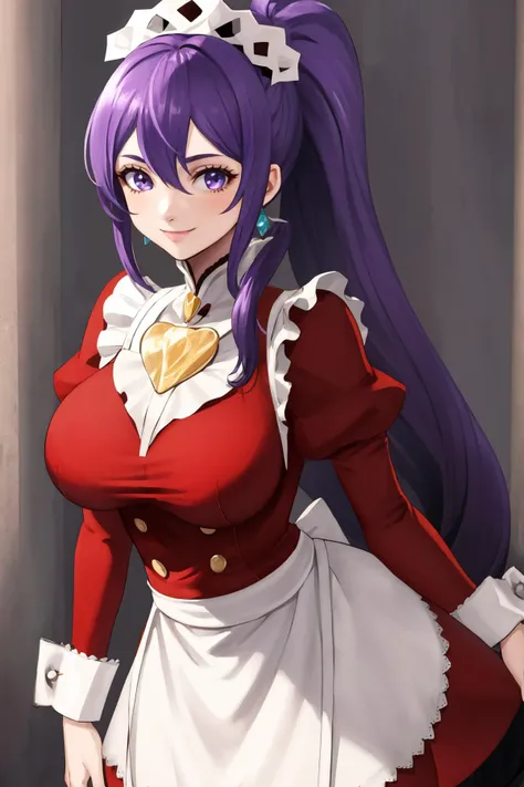 masterpiece, best quality, 1girl, solo, standing, <lora:kukuru-nvwls-v1-final:1> kukuru, purple hair, very long hair, hair between eyes, sidelocks, ponytail, large breasts, red shirt, <lora:FEFatesMaid_v1:1> fates maid, maid headdress, smile