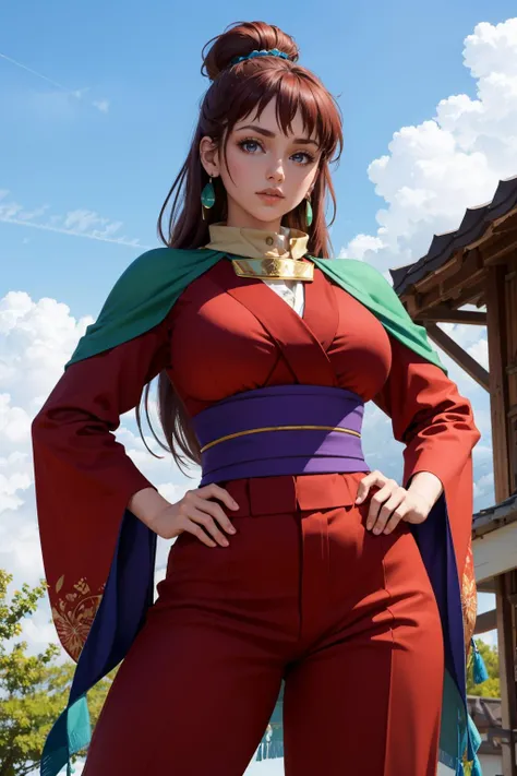 ((Highest quality、masterpiece、anime style、best quality、high resolution、8k、detailed、ultra-detailed:1.3))、Long legs:1.2, Beautiful woman with perfect figure:1.4、(Smiling:1.2), double eyelid、30-year-old female、((((One Woman,beautiful face,China、Outdoor、tourist spot、upper body:1.5)))),Big Breasts、High resolution, accurate, Anatomically correct, High-resolution model, high quality, Very detailed, Ultra high definition, Textured skin、