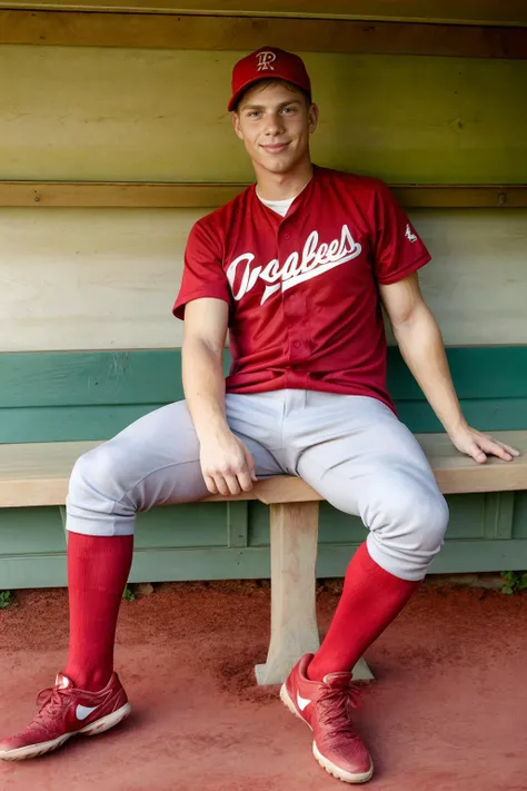 outdoors, baseball field, (in baseball dugout), wooden wall, dirt floor, (sitting on wooden bench), freckles, LiamPhoenix, slight smile, baseballplayer, baseball uniform, red jersey, wearing red baseball cap, gray pants, red socks, black sneakers, (((full body portrait))), wide angle, <lora:Clothing - Sexy Baseball Player:0.60> <lora:LiamPhoenix:0.8>