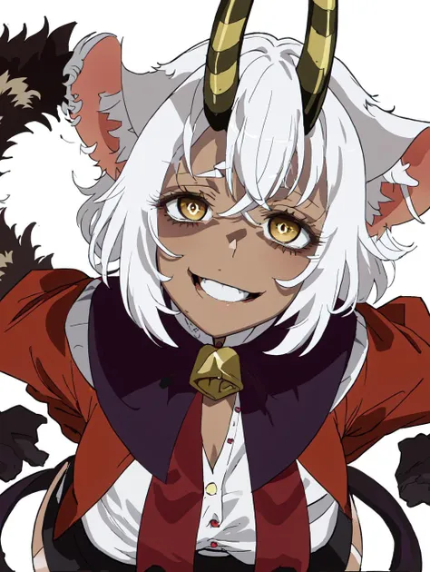 masterpiece, best quality, <lora:BelphegorV1:0.85>, belphegor, yellow eyes, white hair, ((tail)), dark skin:0.85,<lora:bags under eyes-000009:0.7>, bags under eyes, yameroyandere, crazy eyes, (crazy smile:1.1), (dark:1.2), dark background, <lora:yameroyandere-v2:0.7>, heart-shaped pupils, red eyes, (constricted pupils:1.2), head tilt, (from above:1.1),