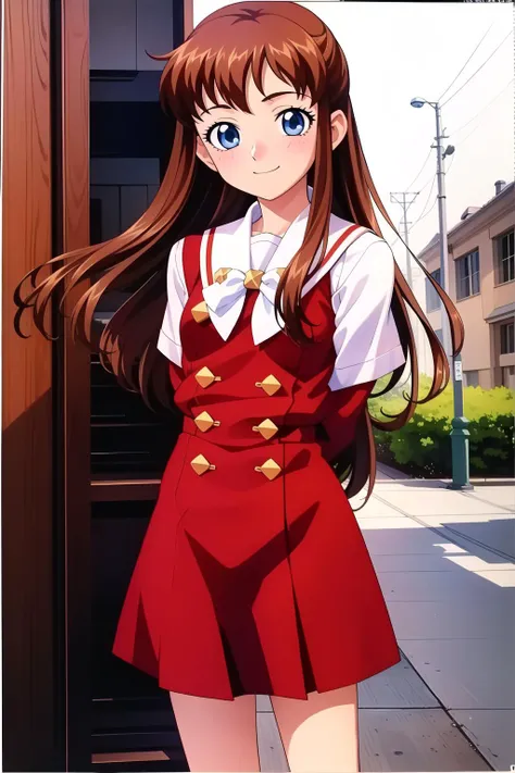 masterpiece, best quality, absurdres, <lora:GoodHands-vanilla:1>, <lora:epiNoiseoffset_v2Pynoise:1>, <lora:flat2:0.3>, <lora:nagawa_midori_v1:0.7> nagawa_midori, 1girl, blue eyes, brown hair, long hair, hair bow, white bow, brown footwear, school uniform, long sleeves, blue bowtie, skirt, red skirt, black legwear, loafers smile, happy, arms behind back,