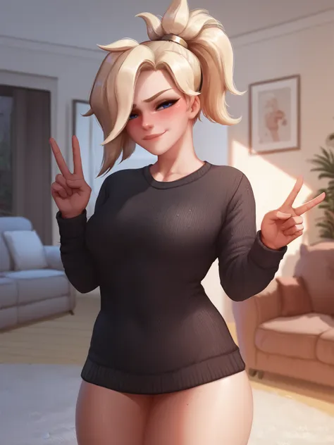 score_9, score_8_up, score_7_up, score_6_up, score_5_up, score_4_up, BREAK, source_anime, 1girl, solo, mercy \(overwatch\) standing in a living room, cowboy shot, blush, smug, black sweater, no pants, living room, v sign, indoors <lora:LuminyuXLLocon:1>