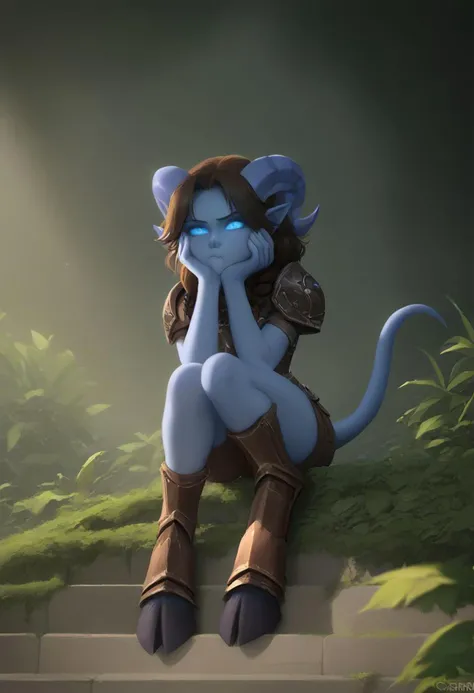 score_9, score_8_up, score_7_up, score_6_up BREAK
drnei, horns, blue eyes, pointy ears, colored sclera, glowing eyes, colored skin, blue skin, brown hair, braid, one braid, tousled curly hair, one hair bang over eye, 18 years old, cutest girl in the world, sunshine, , chain armor, armor dress. armor on shorts, brown shorts, elbows on knees, hands on cheeks, open legs, armor boots around hooves,
hooves, tail, wolf head shoulder pads, pout expression, pout, sitting,, sitting on jungle temple stairs, sitting on stairs, jungle background, Jungle abandoned temple, butterfly close to nose, looking at butterfly, hooves, tail, thin body, solo, expressive eyes, intrigued expression, jungle temple entrance behind, Temple Ruin, Temple Ruin in background,