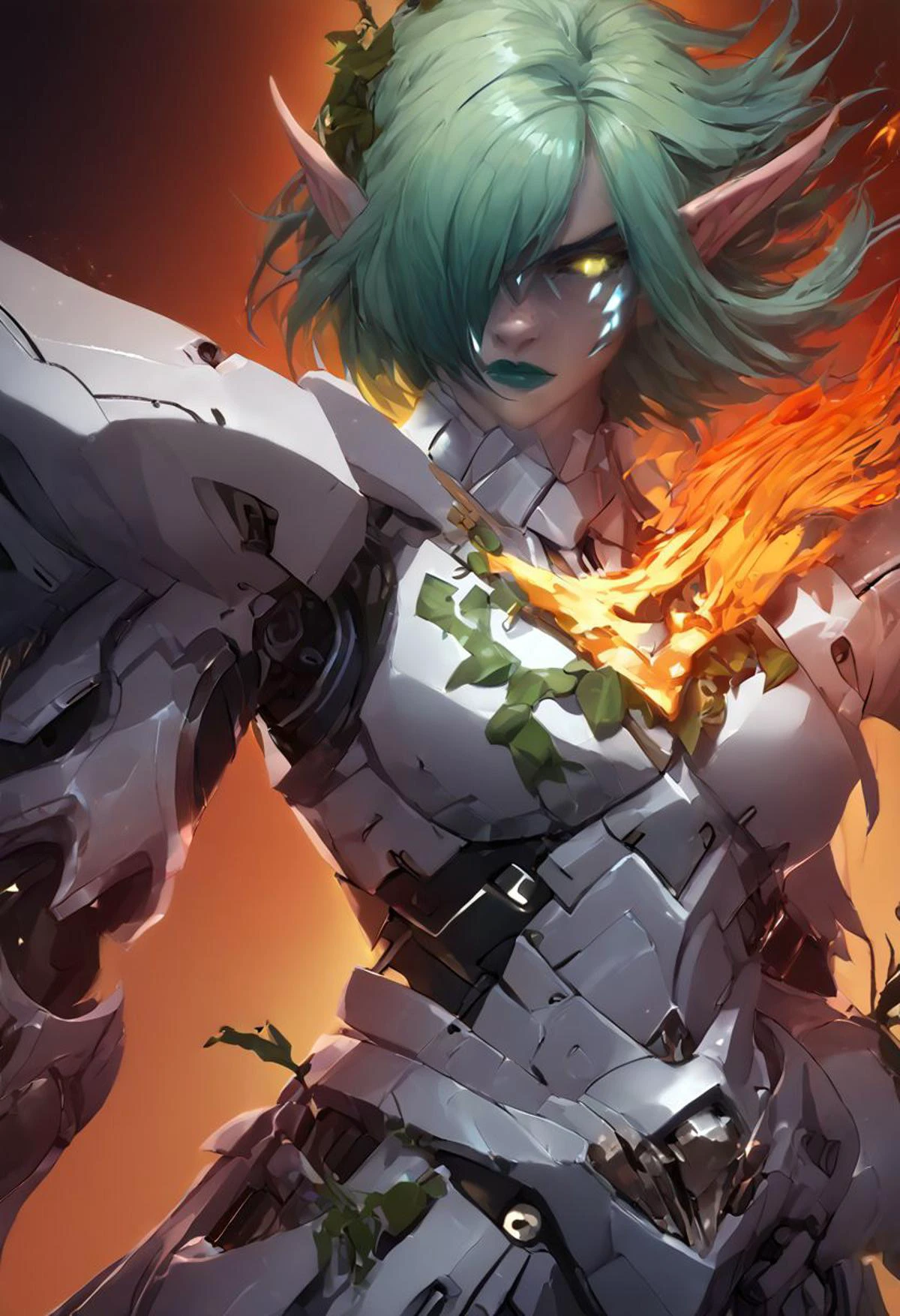 score_9, score_8_up, score_7_up, score_6_up BREAK
TyrO, colored skin, facial marks, green color facial marks, long elf ears, pale red lipstick, pointy ears, elf, green hair, very short hair,tomboy haircut, , yellow eyes, glowing eyes, no pupils, hair over one eye, leaf necklace,blood from nose fire aura,fire, flames, fire storm, hair turns into a flame, medium breasts. sam, mecha, armor, without helmet <lora:TyrandePDXL_V1-Manityro-adamw_2:1.0>
