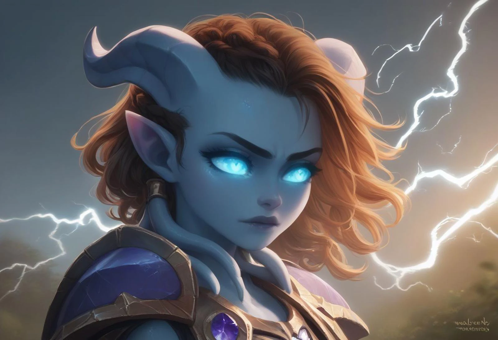 score_9, score_8_up, score_7_up, score_6_up BREAK
drnei, horns, blue eyes, pointy ears, colored sclera, glowing eyes, colored skin, blue skin, brown hair, braid, hair in one braid, tousled curly hair, 18 years old, cutest girl in the world, sunshine, only face, close up on face, , chain armor,
hooves, tail, wolf head shoulder pads, lighting in eyes, lighting beyond head, lightings,electricity in eyes, electricity storm outside, the storm covers the sky with darkness, hair blown by the wind,