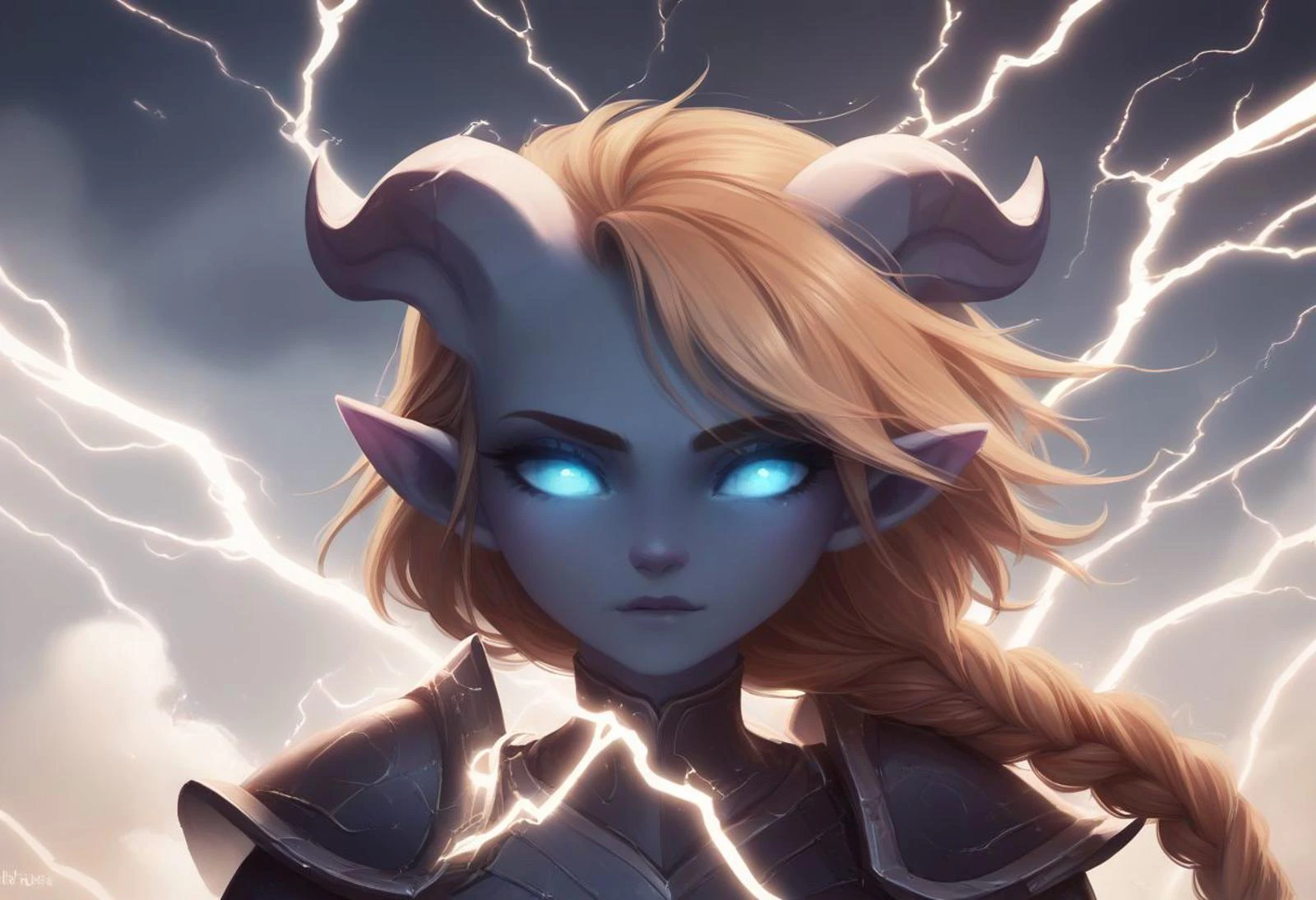 score_9, score_8_up, score_7_up, score_6_up BREAK
drnei, horns, blue eyes, pointy ears, colored sclera, glowing eyes, colored skin, blue skin, brown hair, braid, hair in one braid, tousled curly hair, 18 years old, cutest girl in the world, sunshine, only face, close up on face, , chain armor,
hooves, tail, wolf head shoulder pads, lightings, electricity from eyes, thunder lighting from eyes, electricity, storm outside, the storm covers the sky with darkness, hair braid blown by the wind, wind lines,