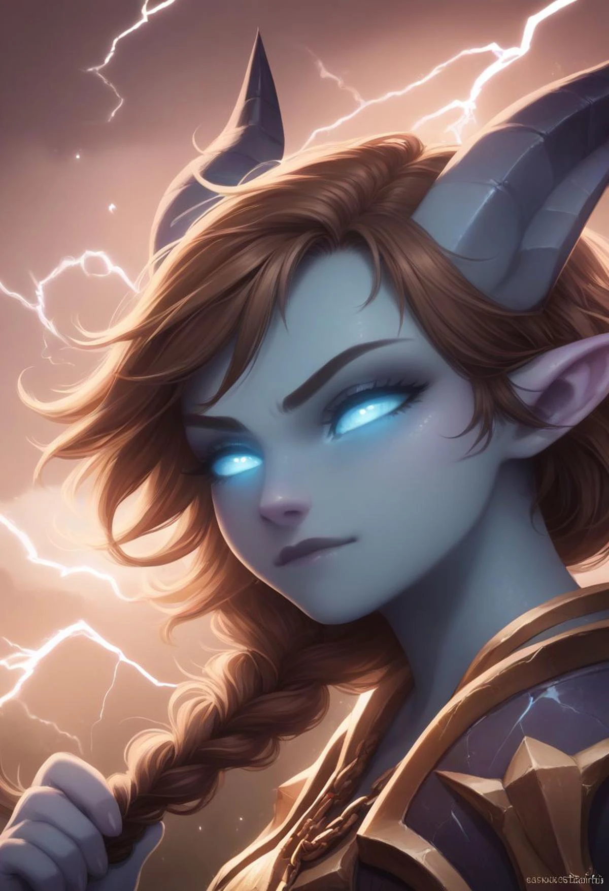 score_9, score_8_up, score_7_up, score_6_up BREAK
drnei, horns, blue eyes, pointy ears, colored sclera, glowing eyes, colored skin, blue skin, brown hair, braid, hair in one braid, tousled curly hair, 18 years old, cutest girl in the world, sunshine, only face, close up on face, , chain armor,
hooves, tail, wolf head shoulder pads, lightings, electricity from eyes, thunder lighting from eyes, electricity, storm outside, the storm covers the sky with darkness, hair braid blown by the wind, wind lines,