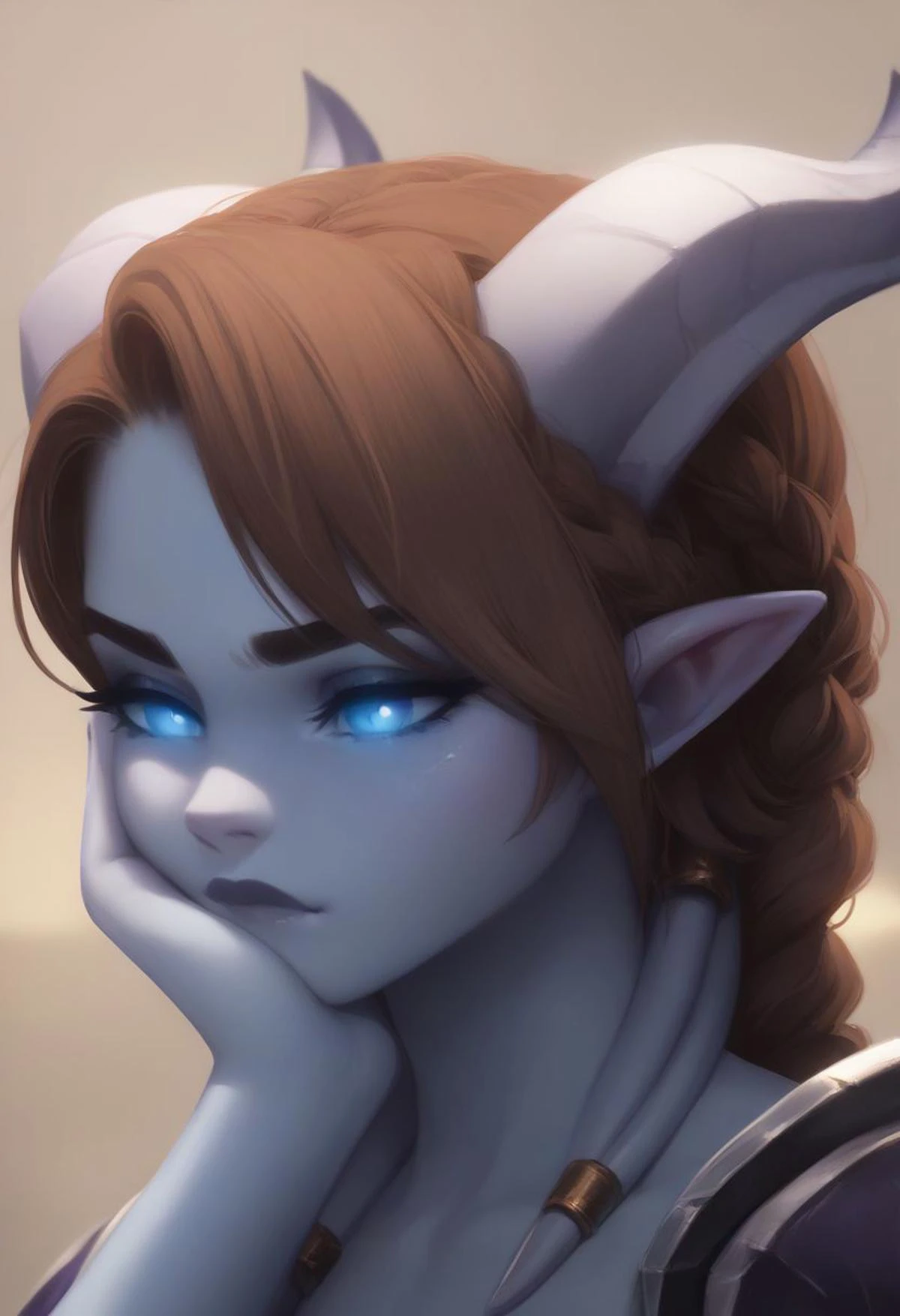 score_9, score_8_up, score_7_up, score_6_up BREAK
drnei, horns, small horns, pointy ears, colored sclera, glowing eyes, colored skin, blue skin, brown hair, braid, hair in one braid, tousled hair, 18 years old, cutest girl in the world, sunshine, only face, close up on face, sun light rays beyond head, chain armor,
hooves, tail, wolf head shoulder pads, front and side view, thoughtful face, finger on cheek, thoughtful expression, one tear in eye