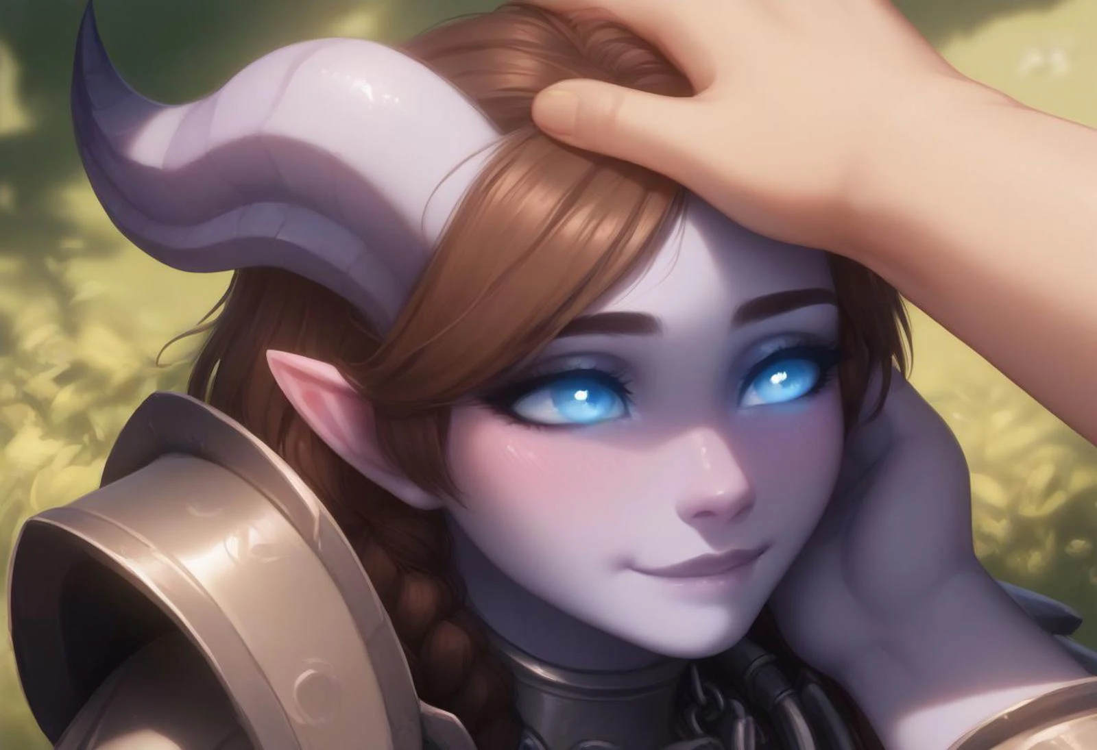 score_9, score_8_up, score_7_up, score_6_up BREAK
drnei, horns, blue eyes, pointy ears, colored sclera, glowing eyes, colored skin, blue skin, brown hair, braid, hair in one braid, tousled curly hair, 18 years old, cutest girl in the world, sunshine, only face, close up on face, sun light rays beyond head, chain armor,
hooves, tail, wolf head shoulder pads, female purple skin color thin hand with fingernails on head, female hand from above, headpat, :3,blush,smile, shy, looking up, in a forest, evening, outside, pale purple sky