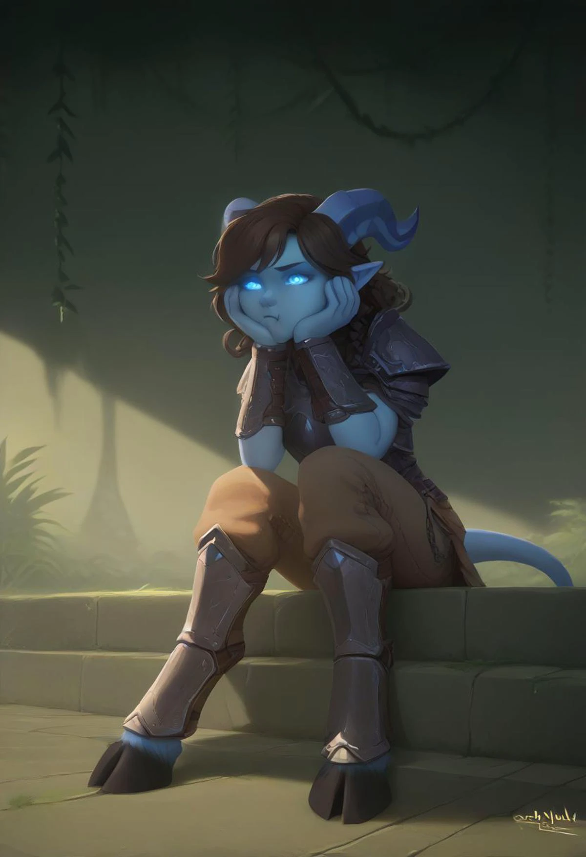 score_9, score_8_up, score_7_up, score_6_up BREAK
drnei, horns, blue eyes, pointy ears, colored sclera, glowing eyes, colored skin, blue skin, brown hair, braid, one braid, tousled curly hair, one hair bang over eye, 18 years old, cutest girl in the world, sunshine, , chain armor, armor dress. armor on shorts, brown shorts, elbows on knees, hands on cheeks, open legs, armor boots around hooves,
hooves, tail, wolf head shoulder pads, pout expression, pout, sitting,, sitting on jungle temple stairs, sitting on stairs, jungle background, Jungle abandoned temple, butterfly close to nose, looking at butterfly, hooves, tail, thin body, solo, expressive eyes, intrigued expression, jungle temple entrance behind, Temple Ruin, Temple Ruin in background,side view, giant temple,
