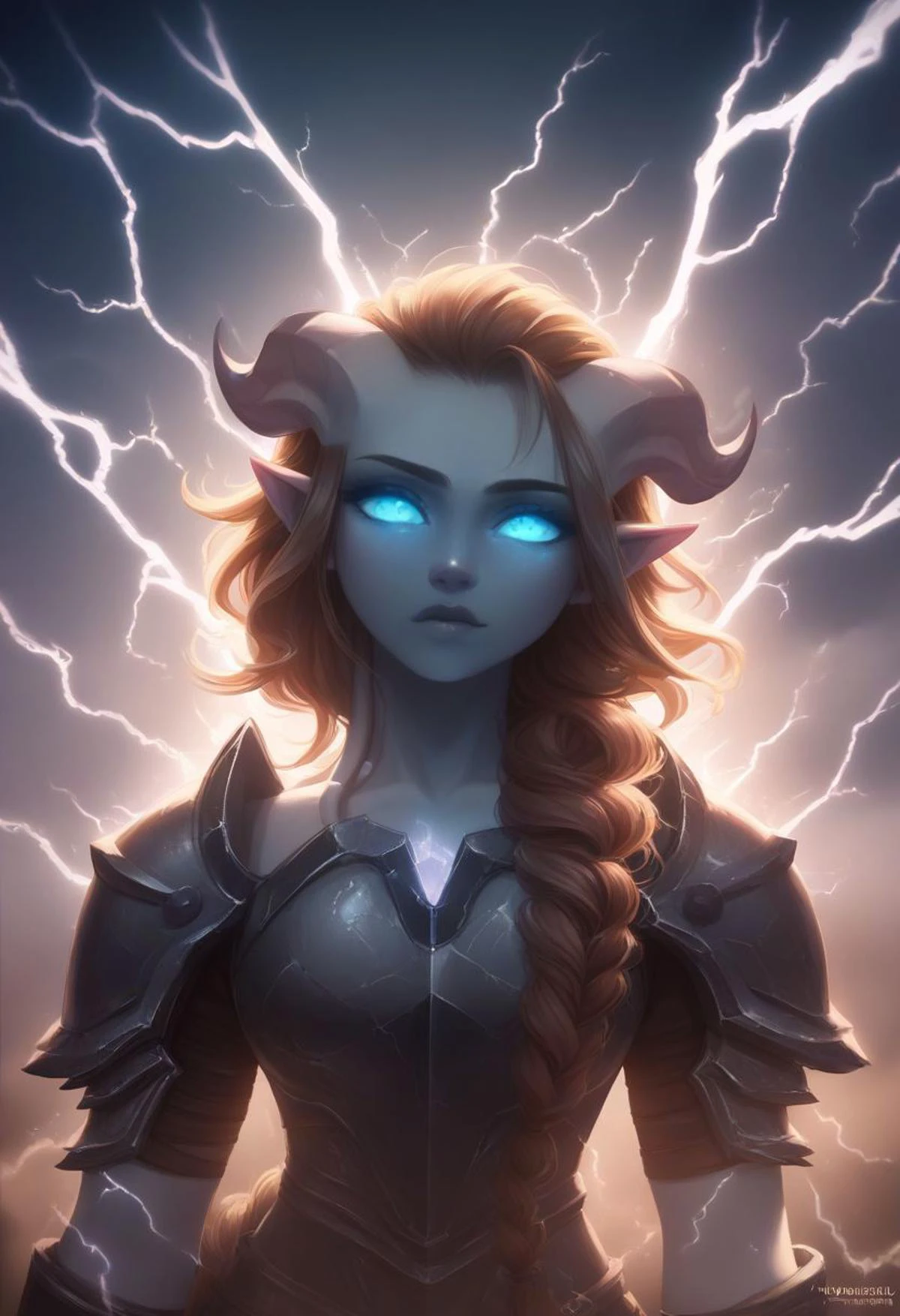 score_9, score_8_up, score_7_up, score_6_up BREAK
drnei, horns, blue eyes, pointy ears, colored sclera, glowing eyes, colored skin, blue skin, brown hair, braid, hair in one braid, tousled curly hair, 18 years old, cutest girl in the world, sunshine, only face, close up on face, , chain armor,
hooves, tail, wolf head shoulder pads, lightings, electricity from eyes, thunder lighting from eyes, electricity, storm outside, the storm covers the sky with darkness, hair blown by the wind,