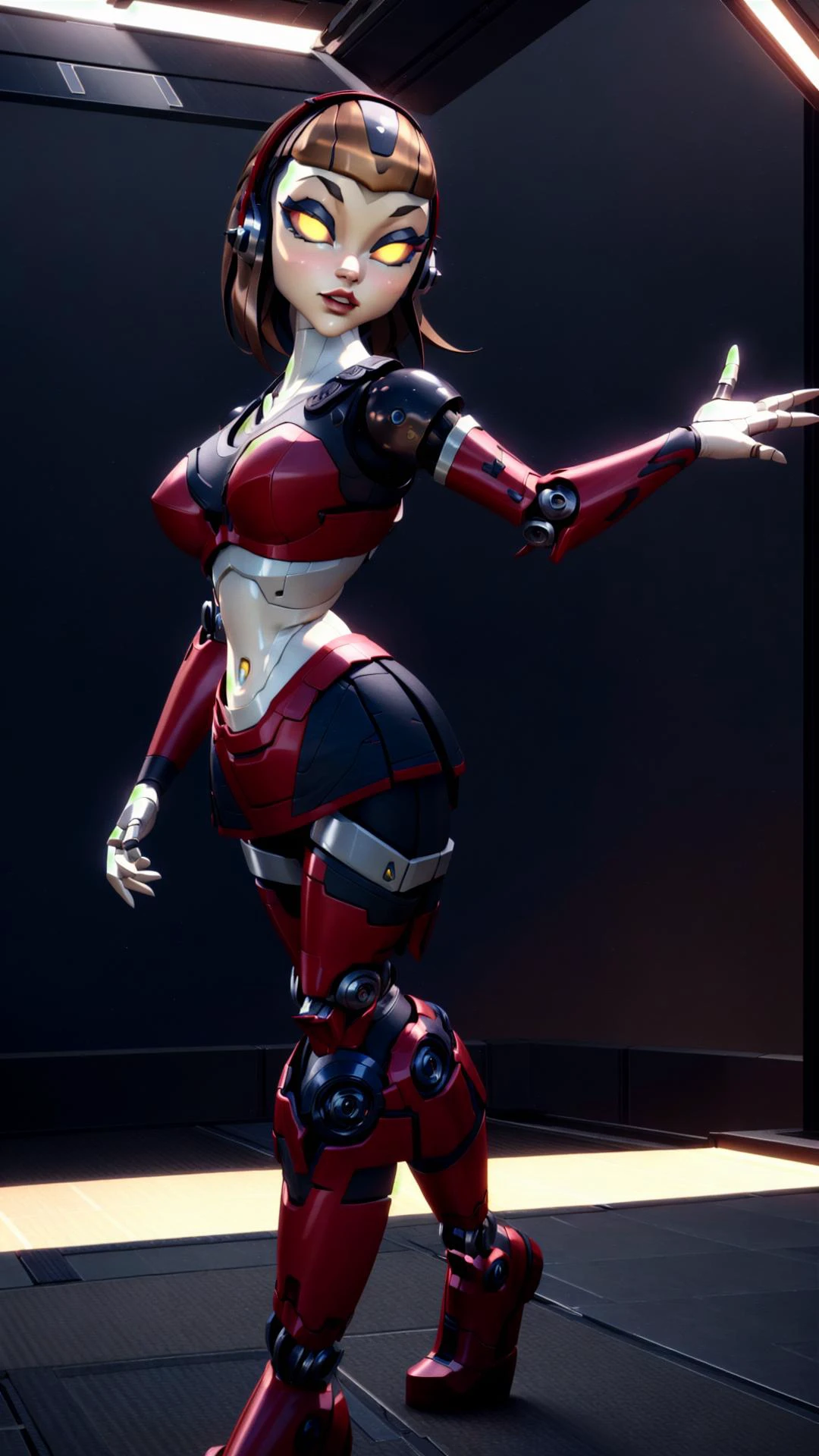 <lora:CourtneyGearsLORAV2-step00003500:0.8> courtney gears, 1girl, robot, robot joints, white skin, yellow eyes, brown hair, thighhighs, miniskirt, BREAK, dancing, masterpiece, best quality, extremely detailed, highly quality, 4k, sharp focus, professional, sharp focus, award winning, cinematic lighting, octane render, unreal engine, volumetrics dtx, Wallpaper,