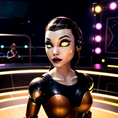 bckpdner,makeup,twintails,yellow eyes,black hair,pale skin,
purple armor,black bodysuit,humanoid robot,robot joints,smile,covered navel,
standing,upper body,
space ship,indoors,science fiction,
(insanely detailed, beautiful detailed face, masterpiece, best quality) cinematic lighting,<lora:Backupdancer:0.8>,