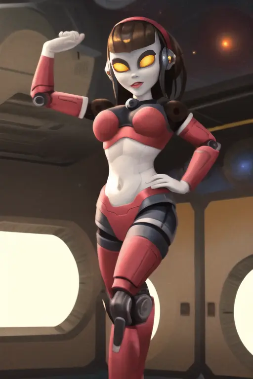 courtneygears, robotgirl, 1girl, solo, breasts, brown hair, medium breasts, orange eyes, hairband, yellow sclera, (masterpiece:1.2), midriff, sexy pose, (detailed anatomy), (space station:1.2), perfect lighting, pale skin, sexy face, happy, slender figure, medium hips, long legs, athletic, <lora:chara-courtneygears:0.85>