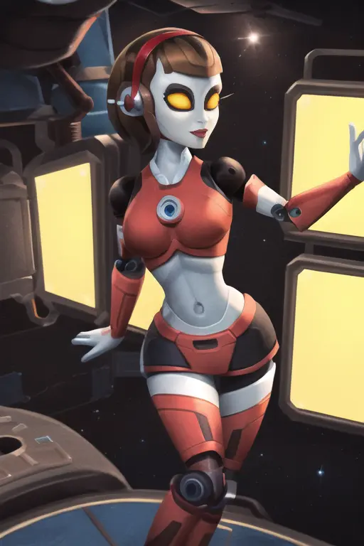 courtneygears, robotgirl, 1girl, solo, breasts, brown hair, medium breasts, orange eyes, hairband, yellow sclera, (masterpiece:1.2), midriff, sexy pose, (detailed anatomy), (space station:1.2), perfect lighting, pale skin, sexy face, happy, slender figure, medium hips, long legs, athletic, <lora:chara-courtneygears:0.85>