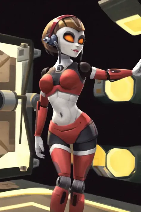 courtneygears, robotgirl, 1girl, solo, breasts, brown hair, medium breasts, orange eyes, hairband, yellow sclera, (masterpiece:1.2), midriff, sexy pose, (detailed anatomy), (space station:1.2), perfect lighting, pale skin, sexy face, happy, slender figure, medium hips, long legs, athletic, <lora:chara-courtneygears:0.85>
