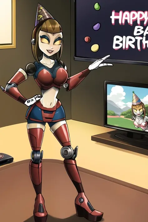 masterpiece, best quality, 1girl, absurdres,
courtney gears, <lora:CourtneyGearsLORAV2-step00003500:1>, robot, robot joints, brown hair, yellow eyes, white skin, miniskirt, thighhighs, (midriff:1.2),
bedroom, tv, television, videogames, (party hat:1.3), (birthday:1.3),
confident, medium breasts, wide hips, happy,
(long legs), standing, tilting hips, hand on hips, seductive, ass, confident pose,
pokemon, generation 6, <lora:Pokemon (Style):0.5>,