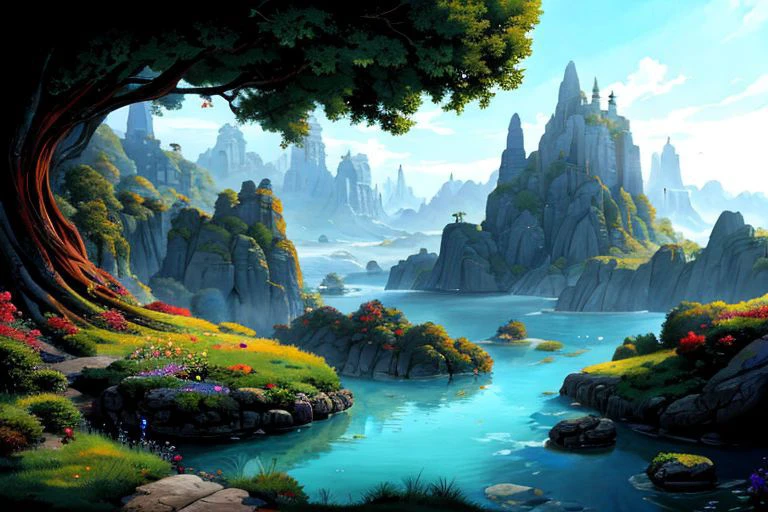 Fantasy landscape, hills with trees, river deep blue with rocks, wide view, bright color, low angle, 8K, highly detailed, low shimmering fog, zwd, advntr