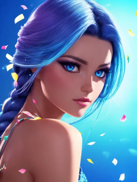dynamic angle, fashion show, confetti flying, sexy dress, chromatic nightmare, neon lights, night time, glossy lips, e-girl makeup, idol, Rule of thirds,  masterpiece, best quality,  extremely detailed CG unity 8k wallpaper, 2d, realistic body, good anatomy, awesome detailed, [hyper detailed], ultra detailed skin, many layers, beautiful hair, beautiful eyes, glistening shining skin, intense shadow, official art, best quality illustration, 10000000k, pixiv illustration, cool beauty,kawaii, dynamic angle, dynamic colours, see through eyes, background,perfect face, ((subsurface scattering)) , bright backround, (((high contrast))) ,dynamic angle, bright backround, depth of field, 1girl, Fishtail braid, small boobs, flat chest, Compact body, blue eyes, Royal blue hair