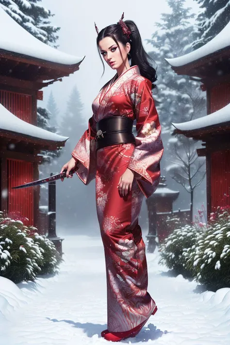 A stunning digital painting of (katy perry:1.0),solo, (middle shot:1.4), realistic, masterpiece, best quality, high detailed, (As Female O-Ren Ishii, design an incredible work of art in high-resolution 8K quality. Dressed in a traditional kimono, she's standing against a snow-covered garden, her katana drawn for a duel. The stunning visual contrast of the crimson blood on the pristine snow and her intense gaze forms a mesmerizing narrative.:1.3),(in the style of Frank Frazetta:1.1),epic fantasy character art, concept art, fantasy art, fantasy art, vibrant high contrast,trending on ArtStation, dramatic lighting, ambient occlusion, volumetric lighting, emotional, Deviant-art, hyper detailed illustration, 8k, gorgeous lighting, <lora:VampiricTech:0.35>,vamptech ,(full height portrait:1.8),(A low ponytail with a teased crown, creating a sexy, voluminous look with plenty of movement and bounce.:1.2),photoshoot