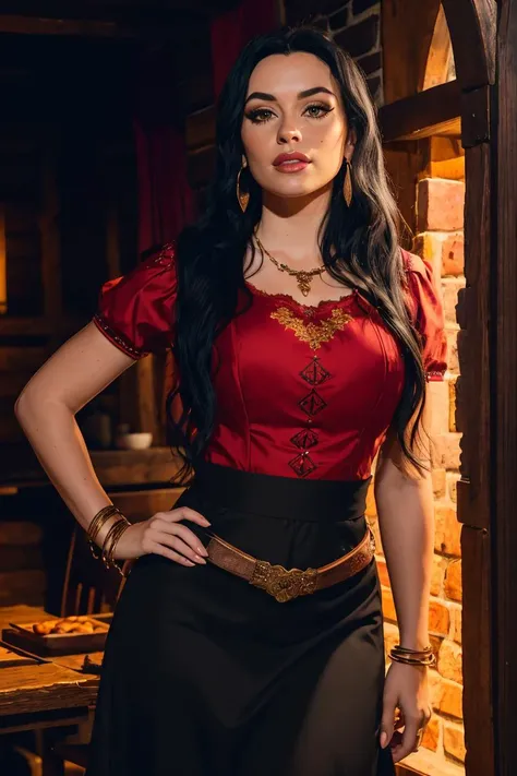 hip level (illustration) of stunning beautiful caucasian woman, standing hand on hips, pale skin, beautiful face, realistic face, detailed eyes, (detailed dark brown eyes:1.1), strong eyebrows, heavy makeup luscious lips, wide nostrils, wide jaw, defined chin, (long black hair:1.4), breasts, slim waist, glossy skin, detailed skin, pores, mole, skindentation, wearing (red & light brown:1.1) embroidered croped dress, silk sash on hips, (embroidered red midi skirt), boots, creole earrings, (bracelets:1.2), necklace, High Detail, dramatic lighting, (background very dark medieval tavern, medieval flaggon, medieval mug, low key, shadows), fantasy world, <lora:epiNoiseoffset_v2:1.4>