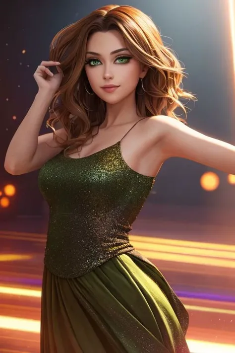 Perfect looking girl age 32, posing, dress, detailed deep green eyes, brown wavy hair, dancing, 8k, high detail, (volumetric light:1.3), rainbow glow, lens flare