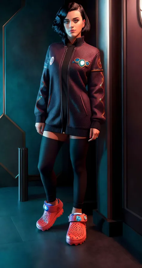 (katy perry:1.0) face, , beautiful young woman,
wearing edgcrocs, footwear focus, 
 symmetrical face, , fit, holistic,
true to the BioShock universe, Trompe L oeil, 8K quality artwork will be a striking representation of the Shadowrun universe,
, masterpiece, ,  <lora:edgCrocs1:0.7>