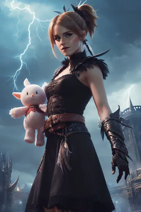 A stunning digital painting of (emma watson:1.0),solo, (middle shot:1.4), realistic, masterpiece, best quality, high detailed, (As Lulu from Final Fantasy X, design a dramatic, ultra-realistic 8K artwork of her amidst a fierce battle in the Thunder Plains. Lightning cracks behind her as she commands her powerful magic, a spectral glow surrounding her and her animated moogle doll. Her signature black dress, lined with ornate belts and lace, adds a touch of gothic elegance to the electric scene, emphasizing her formidable presence on the battlefield.:1.3),(in the style of Alan Lee:1.1),epic fantasy character art, concept art, fantasy art, fantasy art, vibrant high contrast,trending on ArtStation, dramatic lighting, ambient occlusion, volumetric lighting, emotional, Deviant-art, hyper detailed illustration, 8k, gorgeous lighting, <lora:VampiricTech:0.35>,vamptech ,(full height portrait:1.8),(Low ponytail with feather hair accessory: A low ponytail wrapped with a delicate feather hair accessory, giving a soft and feminine feel to the look.:1.2),photoshoot