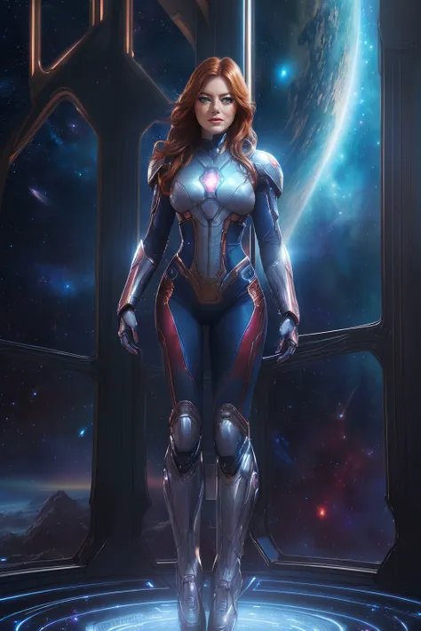 A stunning digital painting of (emma stone:1.0),solo, (middle shot:1.4), realistic, masterpiece, best quality, high detailed, (As Sarah Kerrigan from StarCraft in her ghost outfit, depict her in a contemplative pose, standing at the helm of a starship. The window revealing the star-studded expanse of space, she stands, radiating leadership and determination. The technologically enhanced suit hugs her form, the suit's blue hue stark against the glow of distant stars, creating an image that is a breathtaking masterpiece.:1.3),(in the style of Roger Dean:1.1),epic fantasy character art, concept art, fantasy art, fantasy art, vibrant high contrast,trending on ArtStation, dramatic lighting, ambient occlusion, volumetric lighting, emotional, Deviant-art, hyper detailed illustration, 8k, gorgeous lighting, <lora:VampiricTech:0.35>,vamptech ,(full height portrait:1.8),(Beachy waves with a slightly tousled, carefree vibe.:1.2),photoshoot